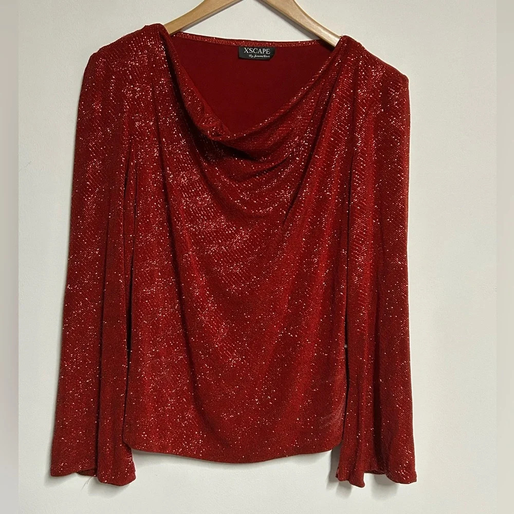 Joanna Chen Women's‎ Medium Red Sparkle Cowl Neck Top Split Bell Sleeve Holiday